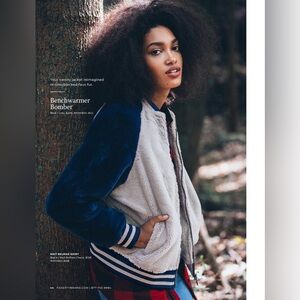 Faherty Women's Benchwarmer Bomber Varsity Faux Fur Jacket Sz L Blue Grey